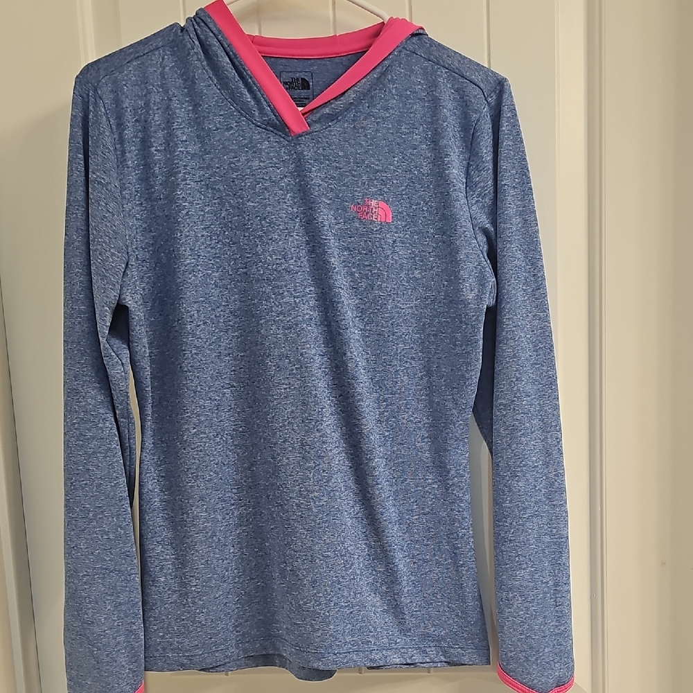 The North Face Heather Blue Hoodie with Pink Accents